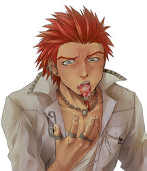 1boy bara blue_eyes blush cum cum_in_mouth danganronpa drooling facial_hair jewelry kuwata_leon male male_only muscles necklace piercing red_hair ring saliva short_hair steam tagme thumb_ring wince yaoi