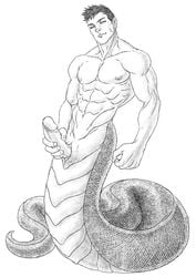 1boy abs bara boner erection foreskin fully human humanoid looking_at_viewer male male_focus male_only monochrome muscles muscular muscular_male naga nude original partially_retracted_foreskin pecs penis retracted_foreskin schizoid solo solo_focus tagme uncensored uncircumcised