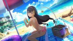 back beach black_hair blue_eyes lessar_(to_aru_majutsu_no_index) long_hair official_art pink_swimsuit smile succubus_tail swimsuit tail thighs to_aru_majutsu_no_index unhooked_bra