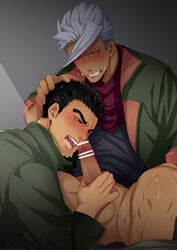 2boys akihiro_altland bara black_hair blush bottomless censored drooling fellatio grey_hair gundam hair handjob male male_focus male_only multiple_boys muscles oral orga_itsuka penis saliva short_hair sweat testicles yaoi