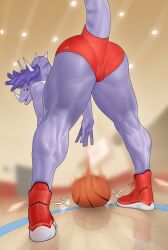 ass ass_focus basket basketball_uniform cavemanon_studios dinosaur dinosaur_girl female female_focus female_only girl goodbye_volcano_high hi_res horns mr_fuga purple_hair purple_skin red_shorts seductive_eyes snoot_game tail triceratops trish_(gvh) white_shirt