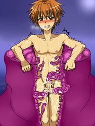 1boy blush brown_hair cum doumoto_kaito drooling male_only mermaid_melody_pichi_pichi_pitch monster muscle nipples nude penis penis_sucking_tentacle restrained saliva short_hair slime steam tentacle tentacle_on_male testicles