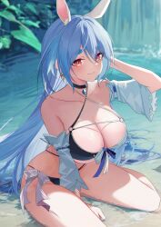 1girls blue_hair breasts bunny_ears cleavage female female_only high_resolution hololive hololive_fantasy hololive_japan jygfams large_breasts looking_at_viewer pekomama red_eyes solo swimsuit thighs very_high_resolution virtual_youtuber wide_hips