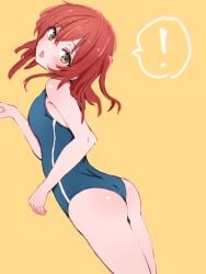 ! 1girls ass bare_arms bare_legs bare_shoulders bare_skin bare_thighs blue_swimsuit blue_swimwear blush blush blush_lines bocchi_the_rock! dot_nose elbows eyebrows_visible_through_hair female female_focus female_only fingers green_eyes green_eyes_female hair_between_eyes hair_ornament high_resolution highres kita_ikuyo legs light-skinned_female light_skin long_hair looking_at_viewer looking_back looking_back_at_viewer one-piece_swimsuit open_mouth petite petite_body petite_breasts petite_female petite_girl red_hair red_hair_female school_swimsuit shoulders sideboob simple_background slender_body slender_waist slim_girl slim_waist small_breasts solo standing student swimsuit swimwear teenager thighs thin_waist ukitaryu upper_body yellow_background