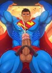 1boy balls bara big_balls big_penis black_hair blue_eyes bulge clark_kent clark_kent_(my_adventures_with_superman) clothing cum cum_drip cum_dripping_from_penis dc dc_comics genital_fluids handjob huge_balls huge_cock male male_only masturbation muscular_male my_adventures_with_superman orgasm penis superhero superman superman_(series) tight_clothing toto_(artist)