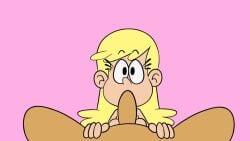 1boy 1girls animated blonde_hair breasts fellatio female fingers hetero jones_boi jonesbo50034805 leni_loud long_hair looking_at_viewer looping_animation male_pov oral penis pink_background pov pov_eye_contact spread_legs straight tagme the_loud_house video