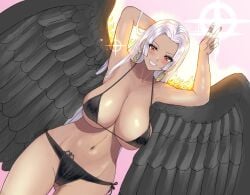 1girls aged_up big_breasts bikini black_wings boa_hancock bra breasts cleavage dark-skinned_female dark_skin earrings female female_only fire large_breasts lunarian on_side one_piece red_eyes s-snake_(one_piece) seraphim_(one_piece) shironoharuka smiling smiling_at_viewer smug solo star-shaped_pupils underwear white_hair wings