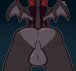 2024 2_horns anthro anus ass azazel_(blissman2020) backsack balls big_balls big_butt black_body black_hair claws demon faceless_anthro faceless_character faceless_male genitals grey_balls grey_body grey_perineum hair horn low-angle_view male membrane_(anatomy) membranous_wings perineum pink_anus rear_view red_horn solo standing ultilix wing_claws wings