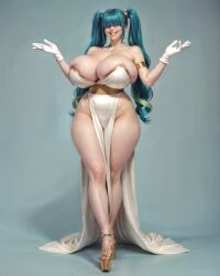 ai_generated bangs bangs_over_eyes blue_hair gloves hair_over_eyes high_heels massive_breasts massive_thighs mommy oversized oversized_clothes platform_heels sexy_dress smiling teeth thick thick_thighs twintails visible_teeth waifu_diffusion yellow_lipstick