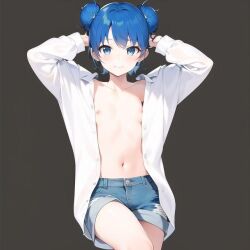 ai_generated arms_behind_head blue_eyes blue_hair breasts day_when_world_become_free hami legs legs_crossed looking_at_viewer lying nipples shirt short_hair small_breasts smiling smiling_at_viewer unbuttoned unbuttoned_shirt