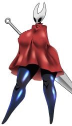 1girls alternate_version_available anthro big_breasts black_body black_eyes black_skin breasts cloak_only erect_nipples female female_only full_body hollow_knight hornet_(hollow_knight) huge_breasts legs long_legs nipple_bulge red_cloak shark-py solo solo_female team_cherry thick_thighs weapon wide_hips