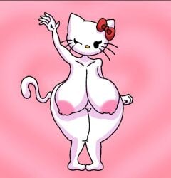 anthro big_breasts dara1n hello_kitty hello_kitty_(character) hello_kitty_(series) kitty_white long_tail looking_at_viewer sanrio simple_background thick_thighs waving