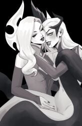 286456006 2girls absurdres black_background blush cleavage_cutout clothing_cutout coven_evelynn coven_morgana eclipse_series evelynn fangs female_pubic_hair fingering fingernails greyscale highres league_of_legends lipstick long_hair long_sleeves makeup monochrome morgana multiple_girls nail_polish navel nude pointy_ears pubic_hair pussy_juice pussy_juice_trail saliva simple_background smile sparse_pubic_hair sweat yuri