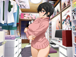 bedroom black_hair blue_eyes blush breasts censored clownculture computer crossed_arms embarrassed erect_nipples female female figure futon glasses large_breasts legs long_sleeves looking_at_viewer mosaic_censoring no_panties original poster pussy school_uniform short_hair smile solo standing sweater table thighs turtleneck