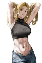 1girls armpits arms_up belly belly_button blonde_hair eyebrows jujutsu_kaisen long_hair raberu_ruru red_eyes simple_background solo solo_female solo_focus tagme white_background yuki_tsukumo