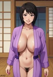 ai_generated bathrobe big_breasts black_eyes black_hair bush dojo exposed_breasts hairy_pussy large_breasts looking_at_viewer milf naruto naruto_(series) ninja nipples posing pussy saggy_breasts self_upload shizune smile stable_diffusion unclego