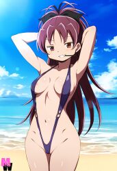 1girls ai_generated armpits beach belly belly_button blush blushing female female_only hair_ornament hands_behind_head human long_ponytail looking_at_viewer madoka_worship mahou_shoujo_madoka_magica ponytail red_eyes red_hair sakura_kyouko sand sea sling_bikini smile smilling solo swimsuit