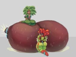 2girls ass big_ass boom_balloon_flower breasts cactus_(pvz) dark-skinned_female humanized hyper_breasts jstolpa lactation on_breasts plants_vs_zombies sweat sweaty_breasts tied_hands