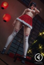 1girls 2023 3d abs alternate_version_available artist_logo black_hair christmas christmas_outfit christmas_tree dead_or_alive dead_or_alive_xtreme_venus_vacation female female_only forged3dx indoors large_breasts looking_at_viewer no_panties nopan red_skirt sayuri_(dead_or_alive) skirt solo solo_female standing topless upskirt viewed_from_below window