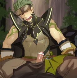 1boy bara blush cum goggles green_eyes green_hair itto_(mentaiko) looking_at_viewer male male_only muscles outdoors penis short_hair solo wince zeno_(souls_alchemist)