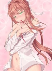 1female 1girls bare_shoulders blush blush_lines blushing collarbone doki_doki_literature_club female female_focus female_only girl green_eyes hair_intakes long_hair monika_(doki_doki_literature_club) navel shizenreborn solo solo_female solo_focus