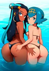 2girls ai_generated ass ass_grab bikini blue_eyes blue_hair dark_skin female female_only human lana_(pokemon) losforry_custom multiple_girls nessa_(pokemon) pokemon yuri