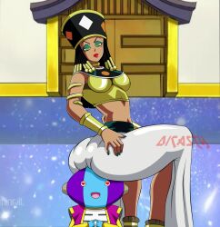 1boy 1girls 2022 big_ass big_butt black_hair dark-skinned_female dat_ass dicasty dragon_ball dragon_ball_super egyptian_female god_of_destruction hand_on_butt heart_eyes helles lipstick looking_down medium_breasts seductive seductive_smile shounen_jump sitting_on_head sitting_on_person twintails zen-oh