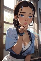 1girls ai_generated avatar_legends avatar_the_last_airbender blowing_kiss blue_eyes cleavage dark-skinned_female dark_skin female female_only hair_loopies human inuit katara looking_at_viewer solo stable_diffusion water_tribe