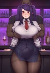 ai_generated asura_(ai_style) bartender big_ass big_breasts big_butt big_thighs club dark-skinned_male dark_skin grabbing_breasts grabbing_from_behind holding_breast huge_ass huge_breasts huge_butt huge_cock huge_thighs julianne_stingray muscular muscular_male pantyhose purple_hair red_eyes standing twintails va-11_hall-a waitress wanuze