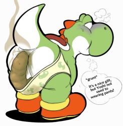 2023 anthro anus ass_up bent_over blush breath clothed clothing dialogue feces feces_on_body feces_on_butt footwear generalstank green_body green_yoshi grunt grunting male mario_(series) nintendo partially_clothed poop pooping purple_blush scat shitting shoes soiling soiling_underwear solo stink_lines talking_to_self text thought_bubble underwear underwear_down yoshi