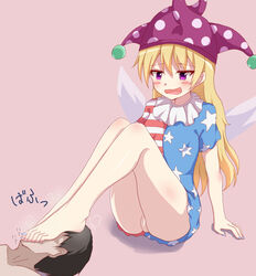 american_flag american_flag_shirt barefoot blonde_hair censored clownpiece dress feet female foot_on_head foot_worship iberiko_(soinesitai) legs long_hair open_mouth purple_eyes pussy smell toes touhou wings