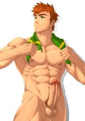 1boy alex_(stardew_valley) balls bara big_balls big_penis brown_hair erection inunekostudio male male_nipples male_only muscular_male nipples nude penis solo solo_male stardew_valley