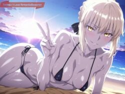 ai ai_assisted ai_generated anime artoria_pendragon artoria_pendragon_(alter) beach beauty bikini blonde_hair fate/grand_order fate_(series) female laying_on_side pale_skin rule_34 saber_alter sexy solo stiff_nipples uncensored vitalikmk2 yellow_eyes