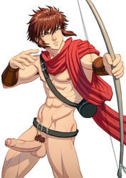 1boy abs archery arrow bara boner bottomless bow_(weapon) brown_hair erection foreskin kinnison kinnison_(suikoden) male male_only muscle muscles nipples pecs penis pubic_hair schizoid short_hair solo suikoden suikoden_ii tagme testicles uncensored weapon