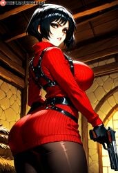 absurd_res ada_wong ai_generated arched_back black_hair bob_cut brown_eyes eyeshadow from_behind holding_gun large_ass large_breasts looking_back makeup pantyhose red_sweater resident_evil serious short_hair the_pleasure_glade