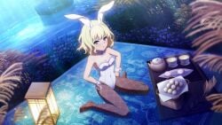 blonde_hair blue_eyes bunny_costume bunny_ears bunnysuit embarrassed feet leivinia_birdway official_art short_hair small_breasts thighs to_aru_majutsu_no_index