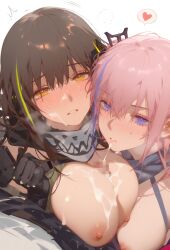 ahoge_rua ai_generated alternate_breast_size blue_eyes brown_hair collaborative_paizuri cum cum_on_breasts cum_on_face girls'_frontline heart m4a1_(girls'_frontline) paizuri pink_hair st_ar-15_(girls'_frontline) yellow_eyes