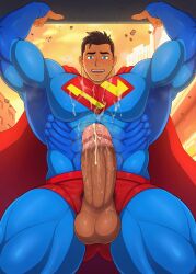 1boy balls bara big_balls big_penis black_hair blue_eyes bulge clark_kent clark_kent_(my_adventures_with_superman) clothing cum cum_drip cum_dripping_from_penis dc dc_comics genital_fluids huge_balls huge_cock male male_only muscular_male my_adventures_with_superman penis superhero superman superman_(series) tight_clothing toto_(artist)