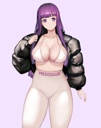 1girls big_breasts bra breasts fern_(sousou_no_frieren) frieren_beyond_journey's_end huge_breasts jacket leggings long_hair meziosaur partially_clothed purple_eyes purple_hair sousou_no_frieren sports_bra thick_thighs thighs tight_clothing tight_fit tights white_skin