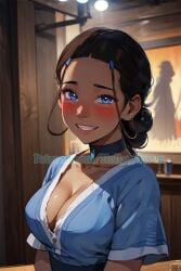 1girls ai_generated avatar_legends avatar_the_last_airbender blue_eyes blush cleavage dark-skinned_female dark_skin drunk female female_only inuit katara looking_at_viewer robin_resort smiling_at_viewer solo stable_diffusion water_tribe