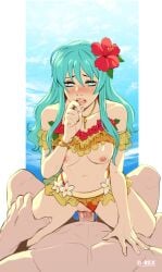 1boy 1girls alternate_costume bare_midriff bare_shoulders bare_thighs bikini blue_eyes blue_hair breasts breasts_out collarbone cowgirl_position d-rex eirika_(fire_emblem) eirika_(summer)_(fire_emblem) female female_focus female_on_top fire_emblem fire_emblem:_the_sacred_stones fire_emblem_heroes flower hair_flower intimate long_hair male medium_breasts midriff necklace nintendo nipples official_alternate_costume penis pussy red_bikini red_swimsuit romantic romantic_couple romantic_sex sex shoulders solo_focus straddling swimsuit thighs two-tone_bikini vaginal_penetration yellow_bikini yellow_swimsuit