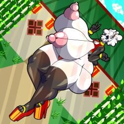 2020s 2023 2d 2d_(artwork) 3_toes 5_fingers anthro anthro_only areola areolae ass big_ass big_thighs black_fur blue_eyes chinese_clothes chopsticks_in_hair fluffy_hair fur furry furry_only hi_res high_heels highres hyper_ass hyper_breasts jiqqy lactating lactation large_ass large_thighs milf milk nipples original original_character outdoors panda panda_ears panties peace_sign platform_heels short_hair smile smiling smiling_at_viewer string_bikini string_panties thgihs thick_thighs white_fur