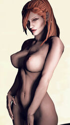 3d breasts covering covering_crotch devil_may_cry devil_may_cry_4 female kyrie_(devil_may_cry) large_breasts nude orange_eyes orange_hair ponytail tied_hair