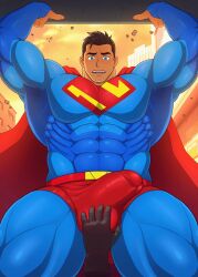 1boy bara big_bulge black_hair blue_eyes bulge clark_kent clark_kent_(my_adventures_with_superman) clothing dc dc_comics huge_bulge male male_only muscular_male my_adventures_with_superman penis_outline superhero superman superman_(series) tight_clothing toto_(artist)