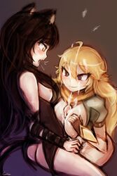 2015 2girls black_hair blake_belladonna blonde_hair bottomless breasts canon_couple cat_ears cat_girl clothed_sex cum female futa_on_female futa_with_female futanari hair intersex lumineko multiple_girls nipples paizuri penis rwby yang_xiao_long