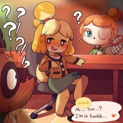 absurd_res animal_crossing anthro black_eyes black_nose blonde_hair blue_eyes blush blush_lines bodily_fluids bottomwear brown_body brown_fur bug_net canid canine canis clothed clothing domestic_dog ears_down english_text erection erection_under_clothing eye_markings female floppy_ears fur futanari genital_fluids green_bottomwear green_clothing green_skirt group gynomorph hair hair_bun hanuvo hi_res human intersex isabelle_(animal_crossing) male mammal markings nintendo orange_ears orange_hair pivoted_ears precum precum_through_clothing pupils raccoon_dog red_nose shih_tzu skirt skirt_boner sweat sweatdrop tanuki tenting text text_box tied_hair tom_nook toy_dog trio villager_(animal_crossing) wet wet_clothing white_pupils yellow_body yellow_fur