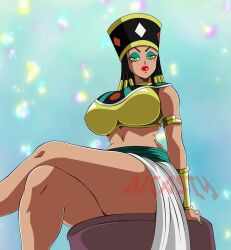 1girls angry angry_face big_breasts black_hair dark-skinned_female dicasty dragon_ball dragon_ball_super egyptian_female female female_focus female_only god_of_destruction green_eyes helles lipstick looking_at_viewer seductive shounen_jump simple_background sitting thick_ass thick_thighs thighs yellow_bra yellow_fur