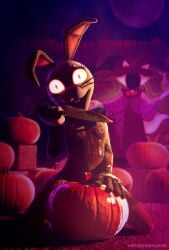 3d 3d_(artwork) absurd_res accurate_art_style ashleyorange blood blood_on_clothing bloodplay bodily_fluids bow_tie buckteeth bunny_costume clothing costume female five_nights_at_freddy's five_nights_at_freddy's:_security_breach food fruit glowing glowing_eyes halloween hi_res holidays human knife lagomorph leporid mammal mascot_costume on_model plant pumpkin rabbit rabbit_ears red_eyes scottgames solo steel_wool_studios teeth vanny_(fnaf) whiskers white_body