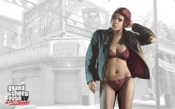 1girls ashley_butler bandana biker_girl black_jacket brown_hair edit female grand_theft_auto grand_theft_auto:_the_lost_and_damned grand_theft_auto_iv gtauto-x red_bandana red_bra red_panties underwear fan_edit
