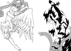 angel_wings barefoot breasts censored convenient_censoring darkness digimon digimon_xros_wars dual_persona female flying gamonkoubou long_hair looking_at_viewer luminamon monochrome nene_amano nipples nude official_art shademon small_breasts smile wings